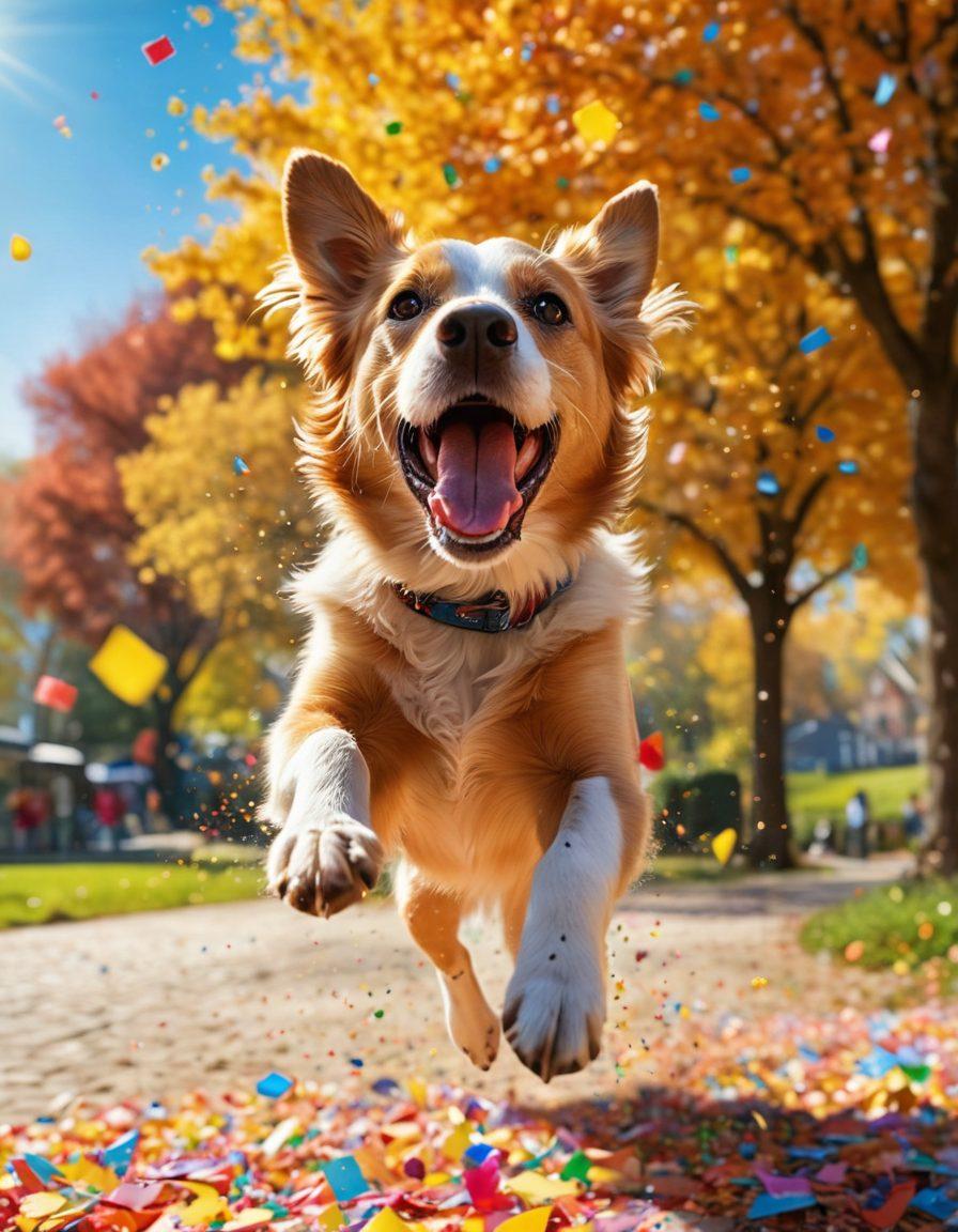 A joyful dog leaping in mid-air, surrounded by colorful confetti and sunny skies, with an expression of pure happiness on its face. In the background, a playful park setting with other dogs joyfully interacting, enhancing the vibrant atmosphere. Bright, cheerful colors dominate the scene, evoking a sense of positivity and warmth. super-realistic. vibrant colors. sunny background.