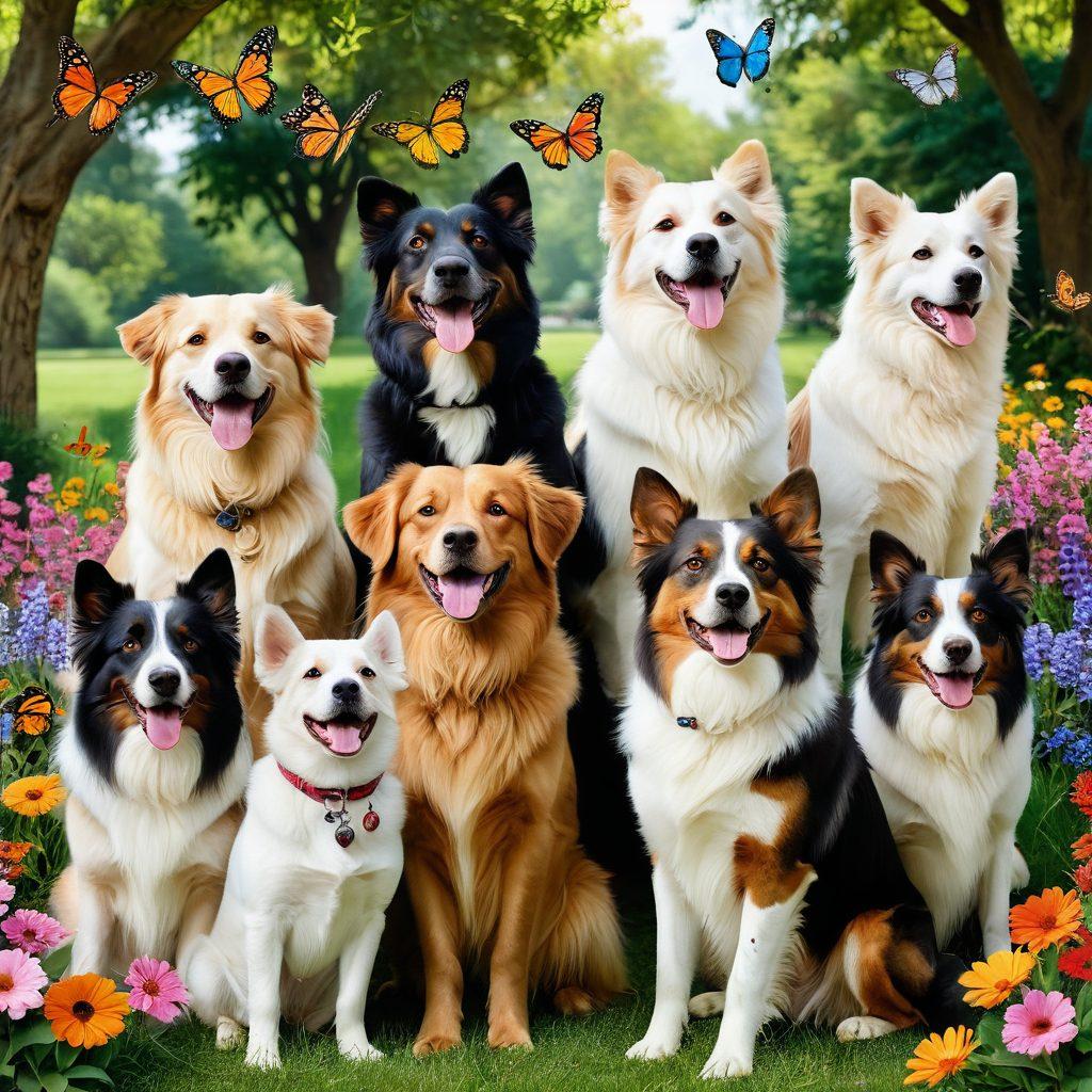 A collage of joyful dogs of different breeds, captured mid-bark and with wagging tails, against a vibrant outdoor backdrop filled with colorful flowers and green grass. Each dog's unique fur pattern and expressive eyes should radiate happiness, with some playfully chasing butterflies. Enhance the scene with soft, warm sunlight filtering through trees, creating a magical atmosphere. super-realistic. vibrant colors. soft focus.