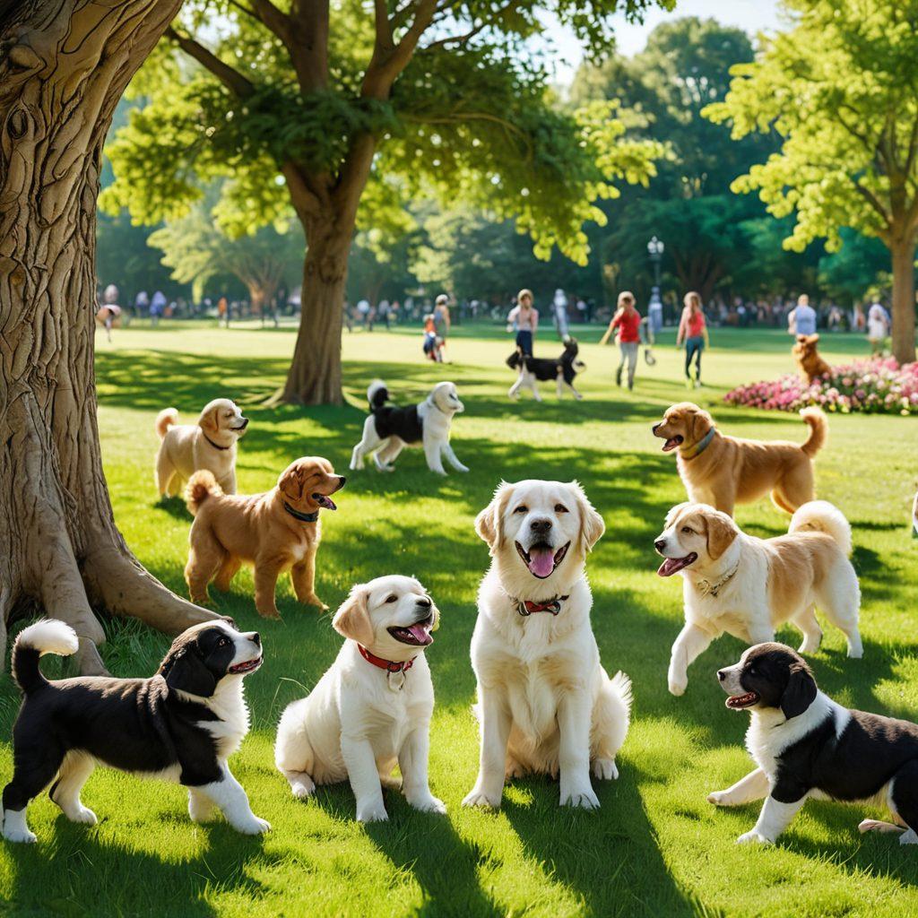 A heartwarming scene featuring playful puppies romping in a sunlit park, surrounded by joyful families and tail-wagging dogs of various breeds. Include colorful toys scattered on the grass, and a backdrop of lush trees and blooming flowers. Capture the spirit of companionship and the bond between humans and their pets, emphasizing smiles and playful interactions. super-realistic. vibrant colors. sunny atmosphere.